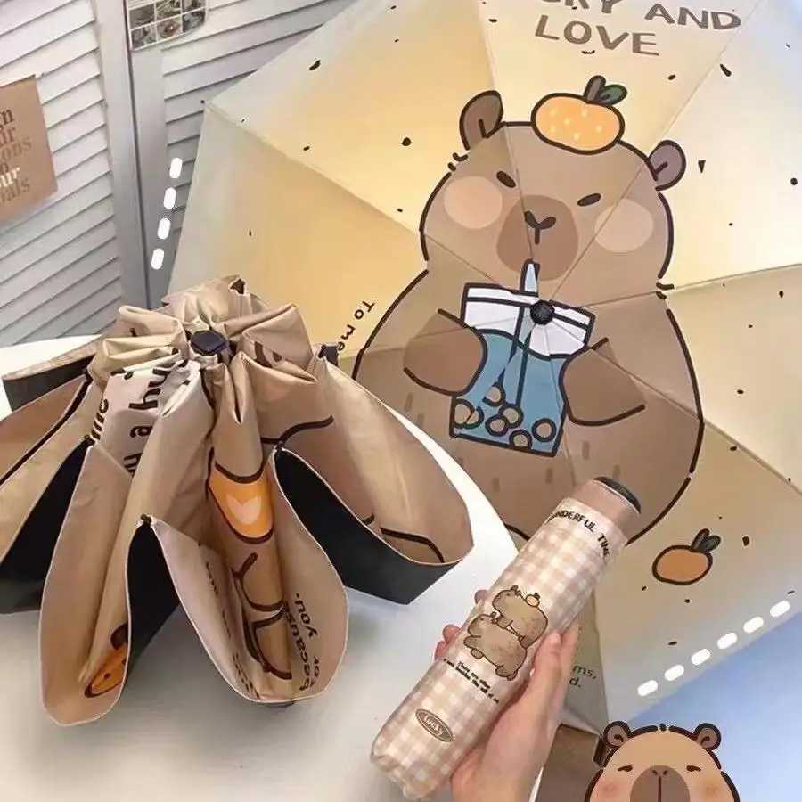 Capybara Cute Cartoon Design Automatic Umbrella Windproof UV Protection Umbrella for Women Girls Sunny and Rainy Folding Umbrella R250724