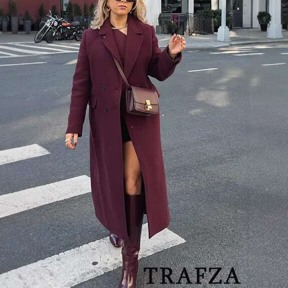 TRAFZA Autumn Style Women's Fashionable Pocket Decorated Blended Wool Coat Jacket B5