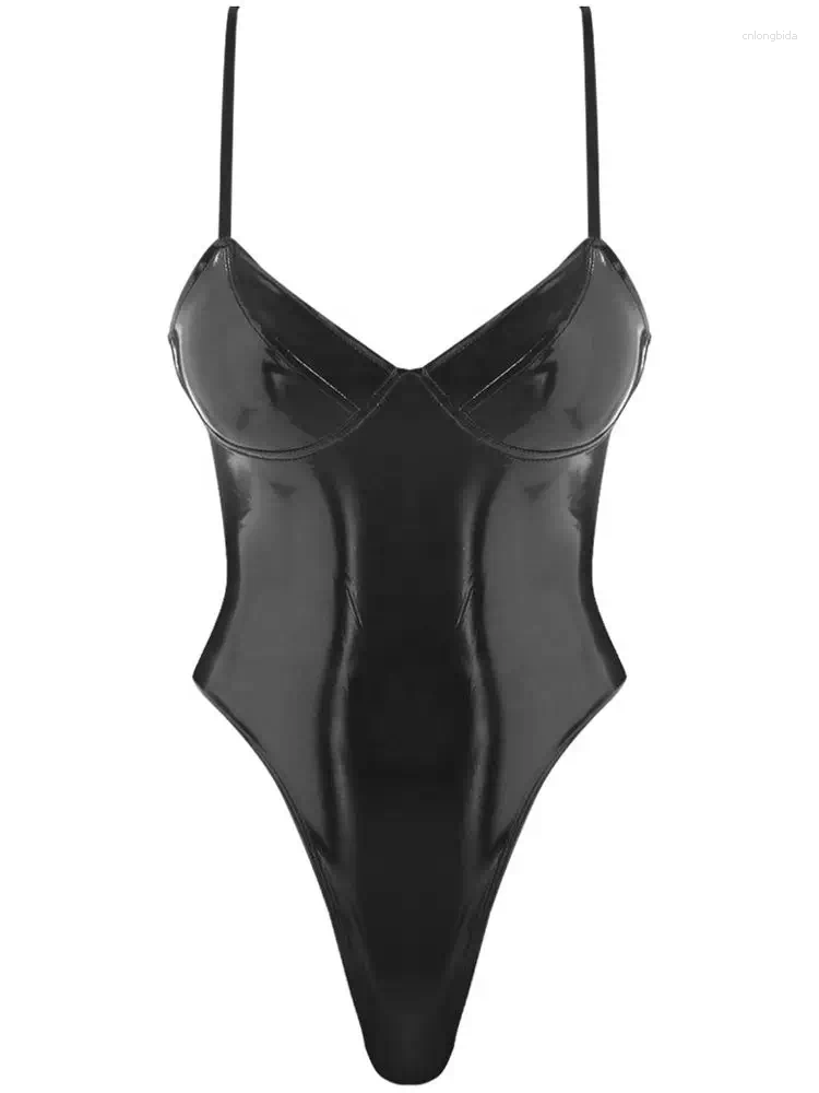 Women's Swimwear Spaghetti Strap Shaped Breast Wet Look Shiny PU Leather Swimsuit High Cut Thong Bodysuit Tight Sexy Bikini Body Sukumizu