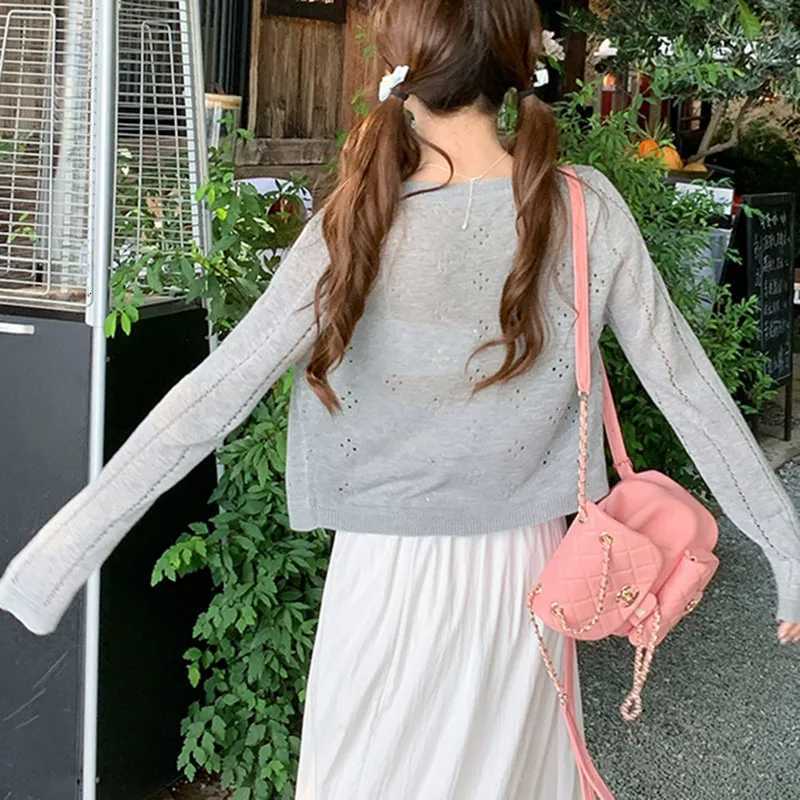 Gray Knitted Cardigan Thin Tops Women Summer Hollow Out Long Sleeve Button Sun Protected Korean Style Short Knitwear Tops Female X250724
