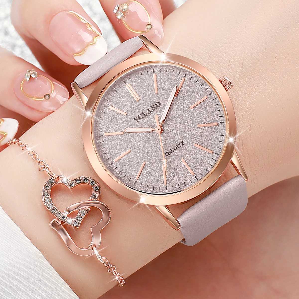 6pcs/set Women Leather Band Quartz Watch and Lover Heart Rose Gold Color Jewelry Set W250724