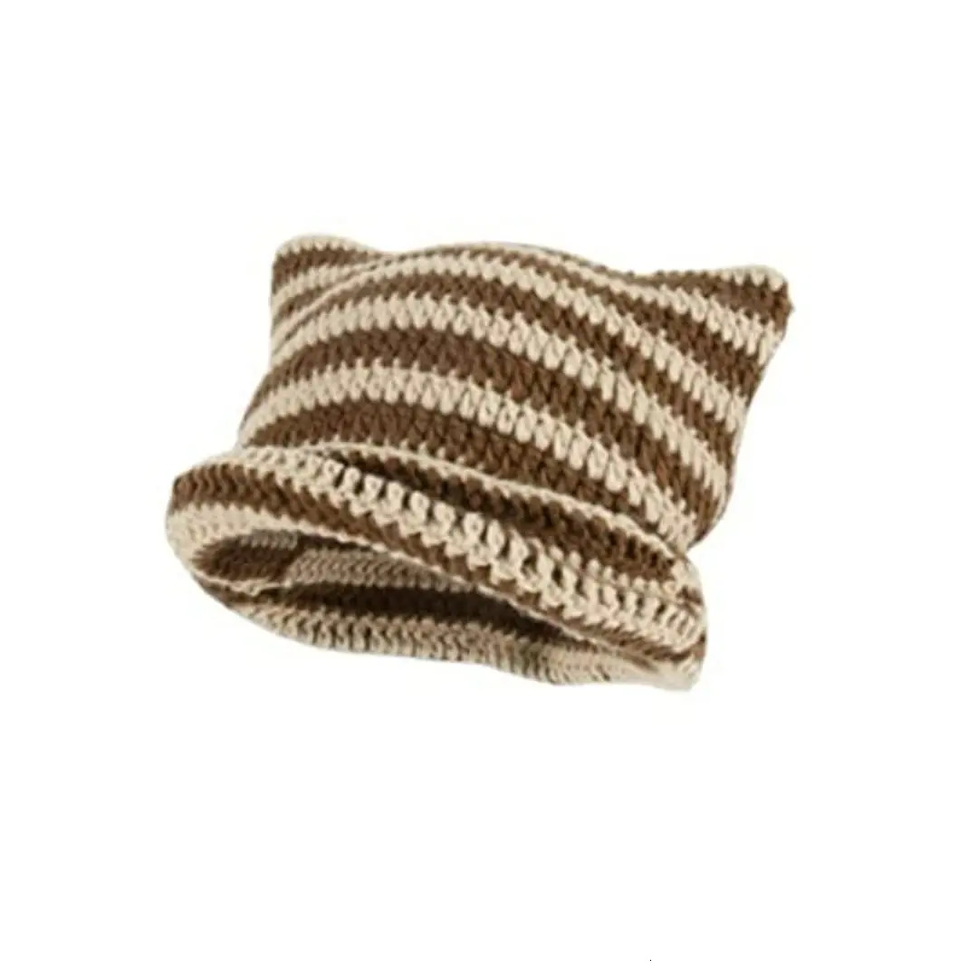 Cute Cat Ears Beanie Hats for Women Winter Striped Korean Punk Gothic Y2K Wool Knitted Streetwear Handmade Crochet Bucket Cap 250722