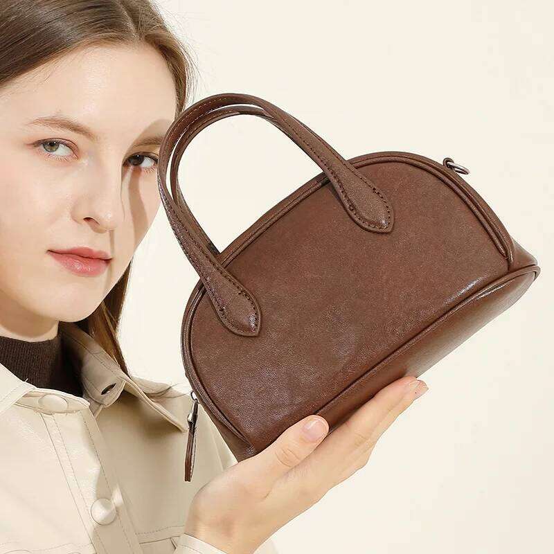 Vintage New Genuine Leather Women's Planttanned Cowhide Boston Bowling Bag, Niche One Cross Shoulder Handbag