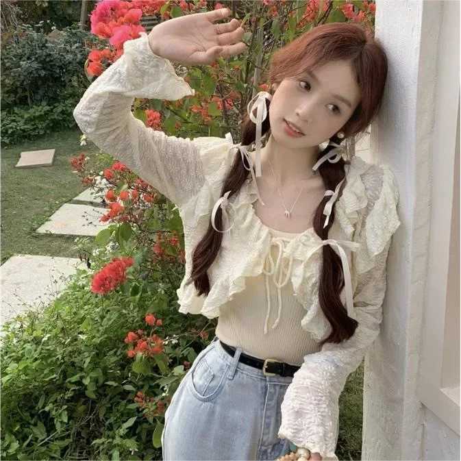 French Swt Ruffles Women Thin Cardigan Summer Lace Patchwork Chiffon Cropped Top Fashion V Neck Lace Up Sun Protection Blouse X250724