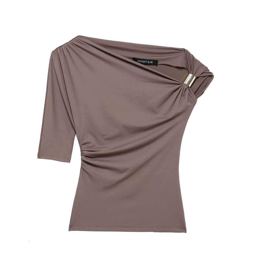 TRAFZA Metal Embellished Asymmetric Pullover Top Summer Ruched Single Sleeve Stretch Slim Fit Women's Casual T-Shirt B5