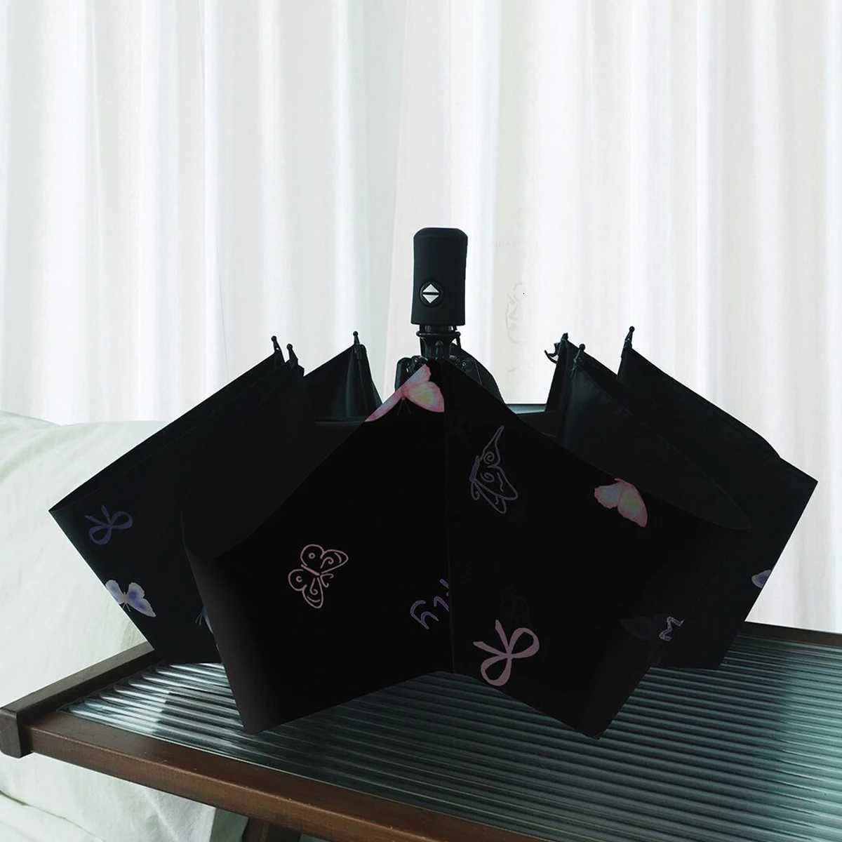 Automatic opening and closing umbrella for women cute butterfly folding umbrella windproof black coating UV resistant sunshade R250724
