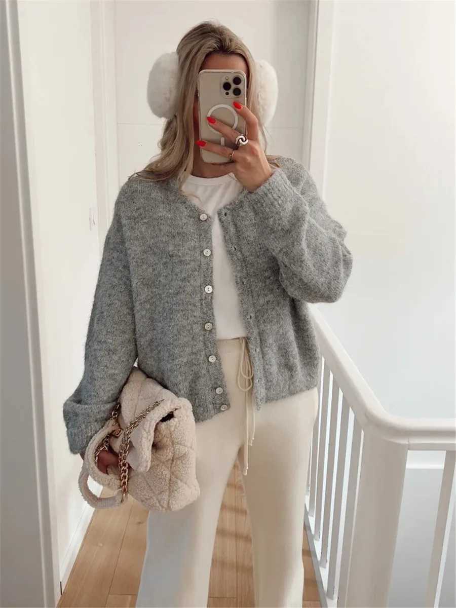 Women Crop Cardigan for Spring Fall Solid Color Crew Neck Long Sleeve Button Down Sweater Female Casual Knitwear for Streetwear X250724