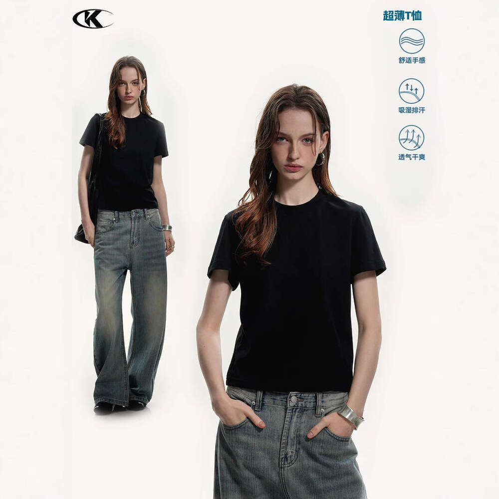 11Kn Pure Cotton Casual Cool Antibacterial Basic Slim Fit High-End Breathable Round Neck Short Sleeve Regular Shoulder T-Shirt For Women
