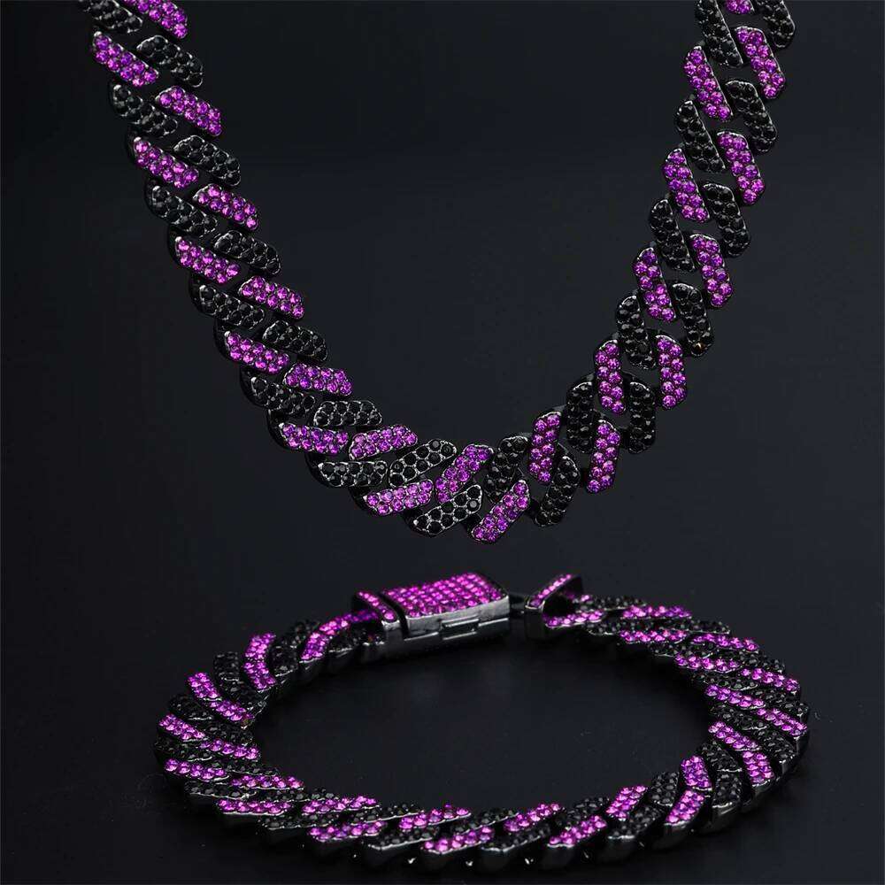 12MM Rhombus Prong Cuban Link Chain 2Row Purple Iced Out Rhinestones Rapper Necklaces Bracelet For Men Women Choker Jewelry