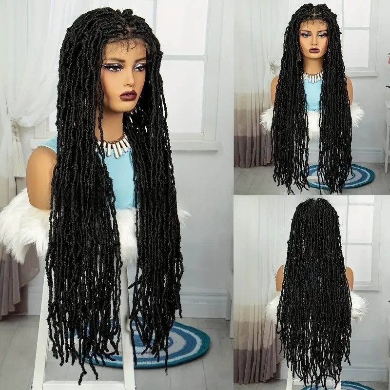 Black Boho Box Braided Lace Front Wigs Look Like Human Hair Wigs 360 Full Lace Wig 280density Free Part Knotless Braids Twist Wig with Baby Hair Handm