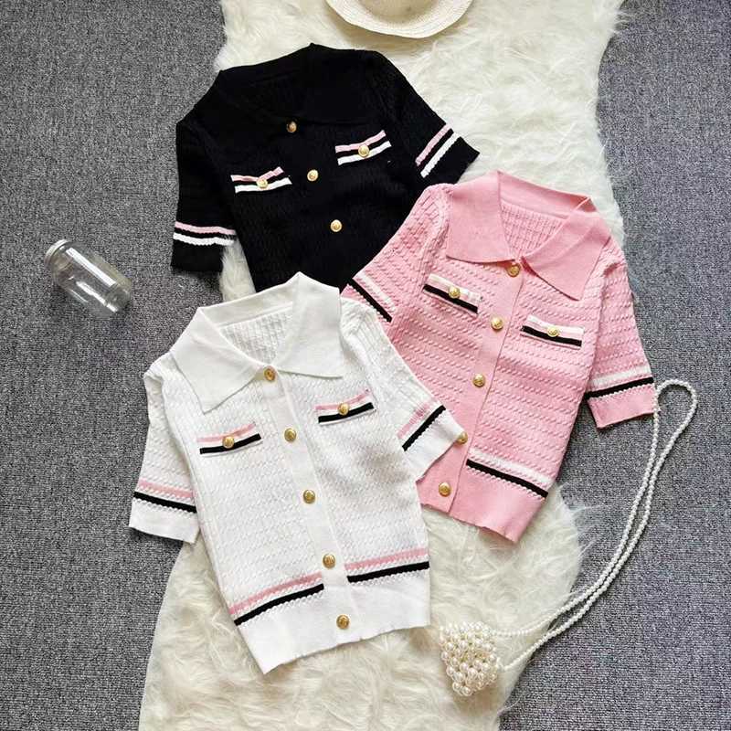 Womens Casual Summer Knit Cardigan with Color Block Design Short Sleeve Polo Neck Morning Routine Top Ladies Cardigan X250724