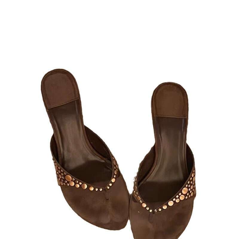 Heel Sandals Sandals Shoes Women Heels Studded Decor High Heels Summer New Toe Clip Hot Girl Fashion Thong Sandals Women