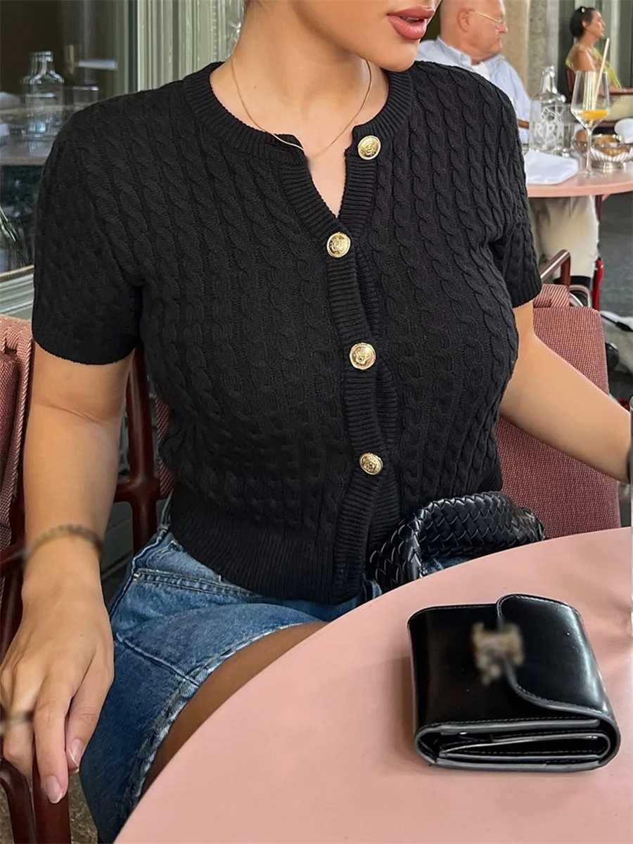 Womens Cable Knit Cardigan Solid Color Round Neck Short Sleeve Button-front Closure Crop Sweaters X250724