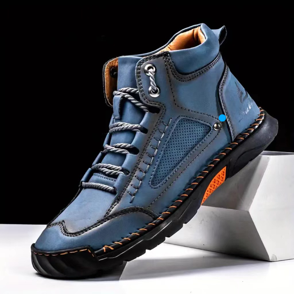 Large Size PU Leather Men's Fashion Hand-stitched Ankle Boots Flat Lace-up Casual Shoes