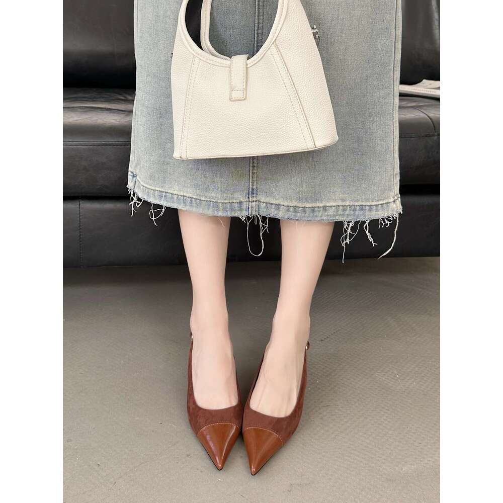 Single for Outdoor Wear, High-End Feel, Thin Heel, Comfortable, Pointed Toe, Open Back, High Heels, Patchwork Style, French Style Women's Shoes