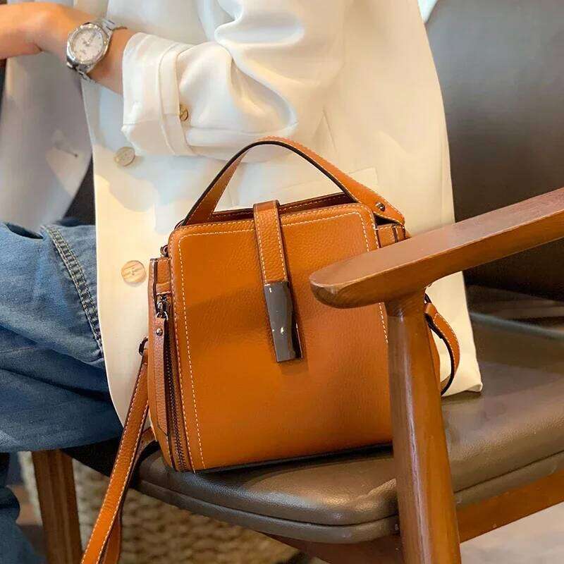 Women's Top Layer Cow Genuine Leather Versatile Handbag Female High Quality Shoulder Ladies Commuting Crossbody Bucket Bag