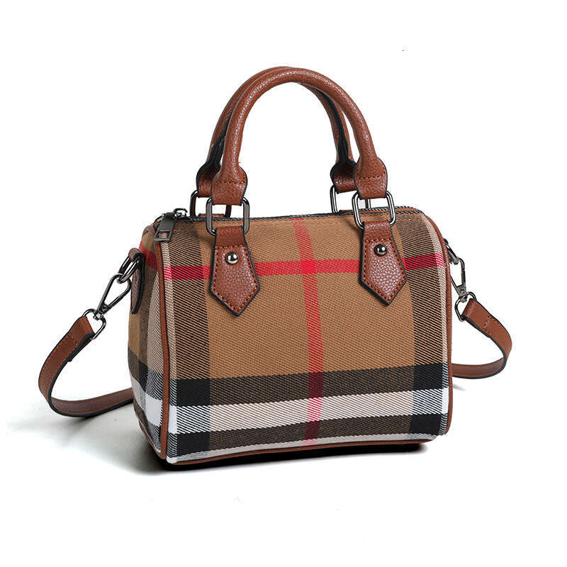 Canvas Plaid Genuine Leather Boston Pillow High-End Fashion Versatile Handbag Stylish Single Shoulder Crossbody Women's Bag