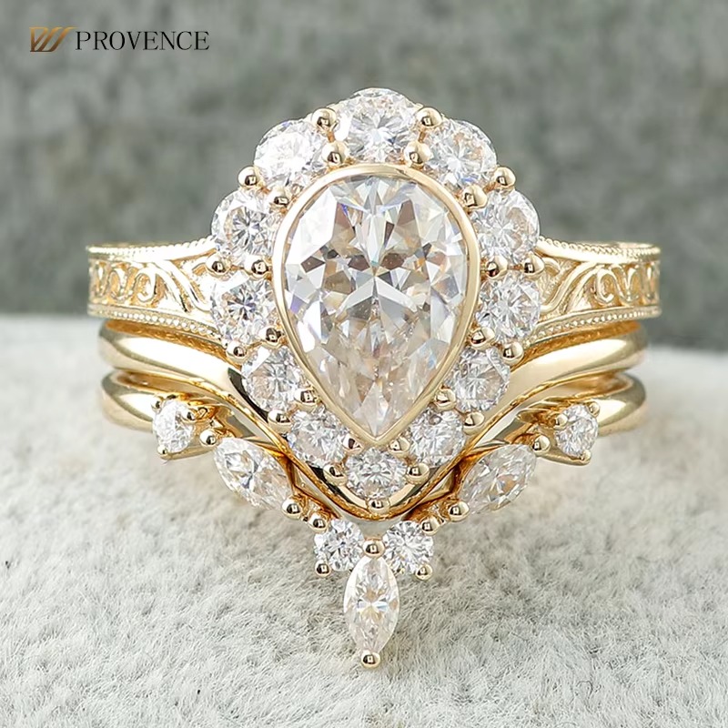 Custom Ring Set Solid 10k Gold Fine Jewelry Pear Diamond Rings VVS 2carat Lab Grown diamond Engagement Real Gold Ring for Women