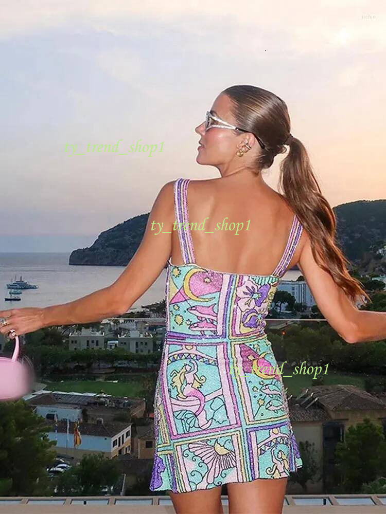 Casual Dresses Fashion Print Sling Mini Dress For Women Elegant Square Collar Off Shoulder Vestidos Spring Summer Slim Club Party Gown Beach Halter Dr