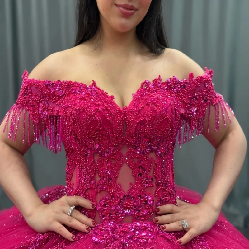 Rose Red Shiny Quinceanera Dresses Off Shoulder Ball Gown Sweet 16 Dress Applique Beading Tiered Tull Birthday Party Vestidos De 15 Anos