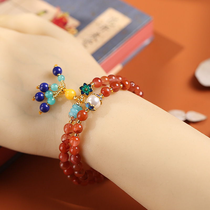 New Chinese Style Nanhong Tassel Bracelet Versatile Elegant with Imitation Pearl Cloisonne Accessories Multi loop Design Unisex