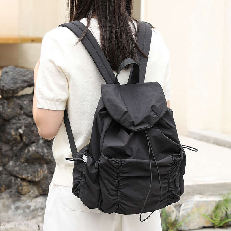Casual Artistic Nylon Backpack Ins Fashion Drawstring Pleated School Internet Celebrity Fresh Canvas Double Shoulder Bag