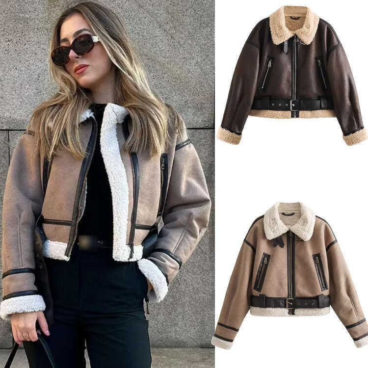 TRAFZAINS Autumn Winter Women's Double-Sided Short Turn-Down Collar Long Sleeve Jacket Coat B5