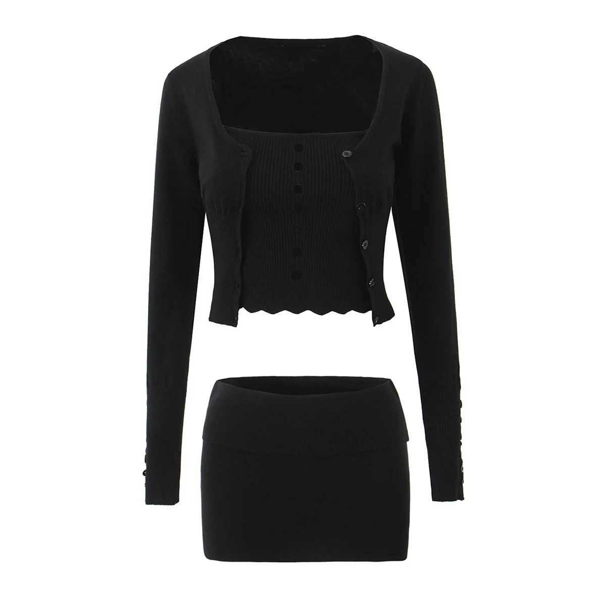 2024 Sexy Yellow Hollow Out Hole Knitted Cardigan Tank Top Elastic Low Waist Mini Skirt Korean Style 3 Pieces 1 Set Black X2507241