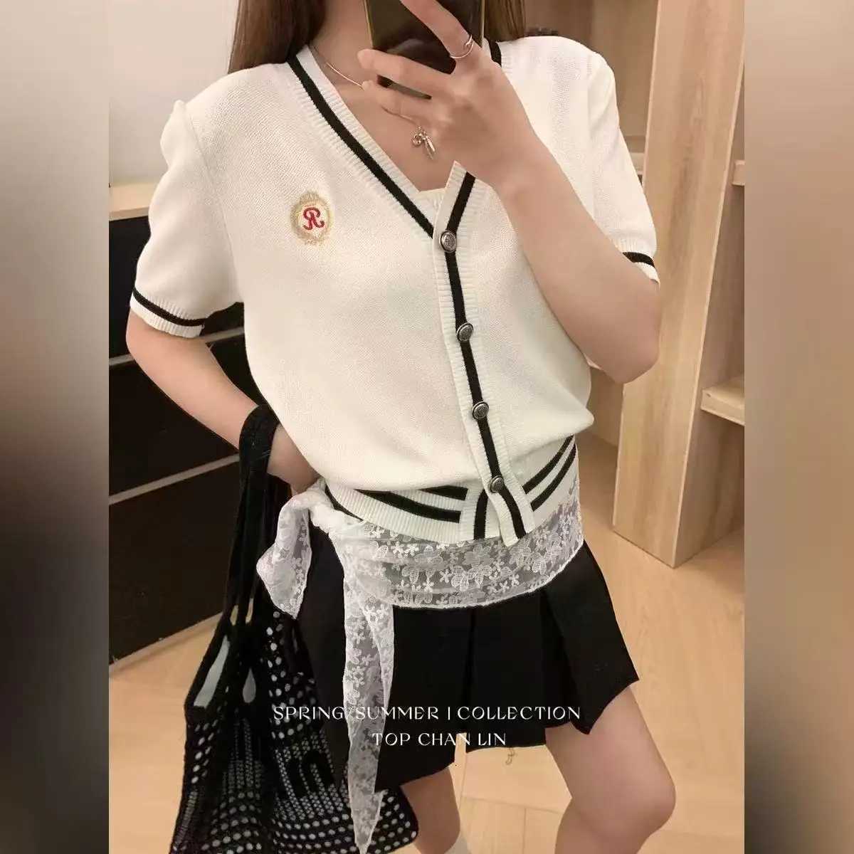 2025 Summer V-neck Knit Sweater Cardigan Women Striped Embroidery Single-breasted Tops Knitwear Short Sleeve Stylish Chic Jumper X250724