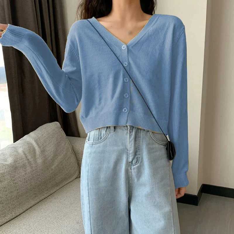 Womens Long Sleeve Cropped Cardigan V Neck Button Down Knit Lady Autumn Spring Knitted Single-breasted Cardigan Sweaters X2507241