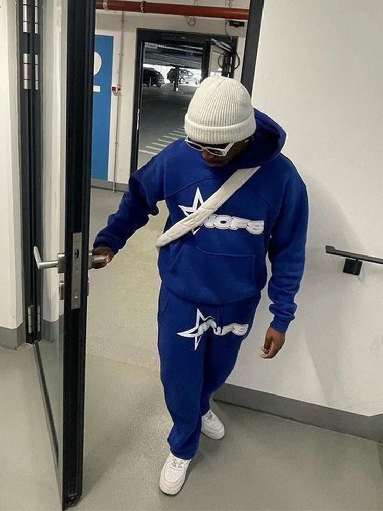 Trendy Kangaroo Pocket Hoodie And Sweatpants 2 Piece Set For Man Casual Letter Printed Outfits Elastic Waist Pants Suit 250717