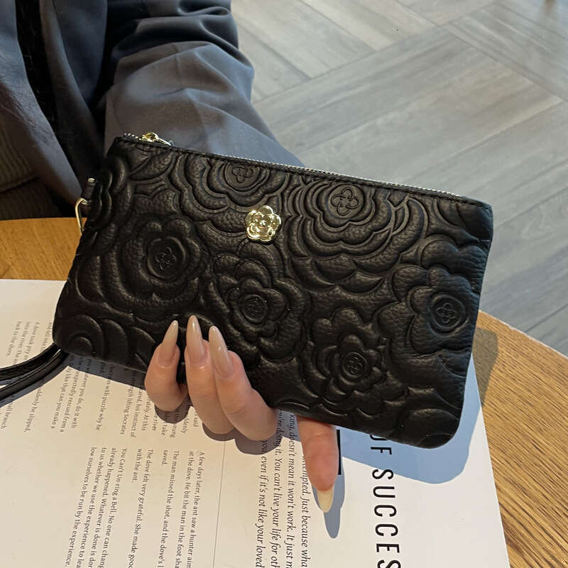 Top Layer Cowhide Long Printed Wristlet Bag Fashionable Mom Clutch Classic Trendy Versatile Wallet