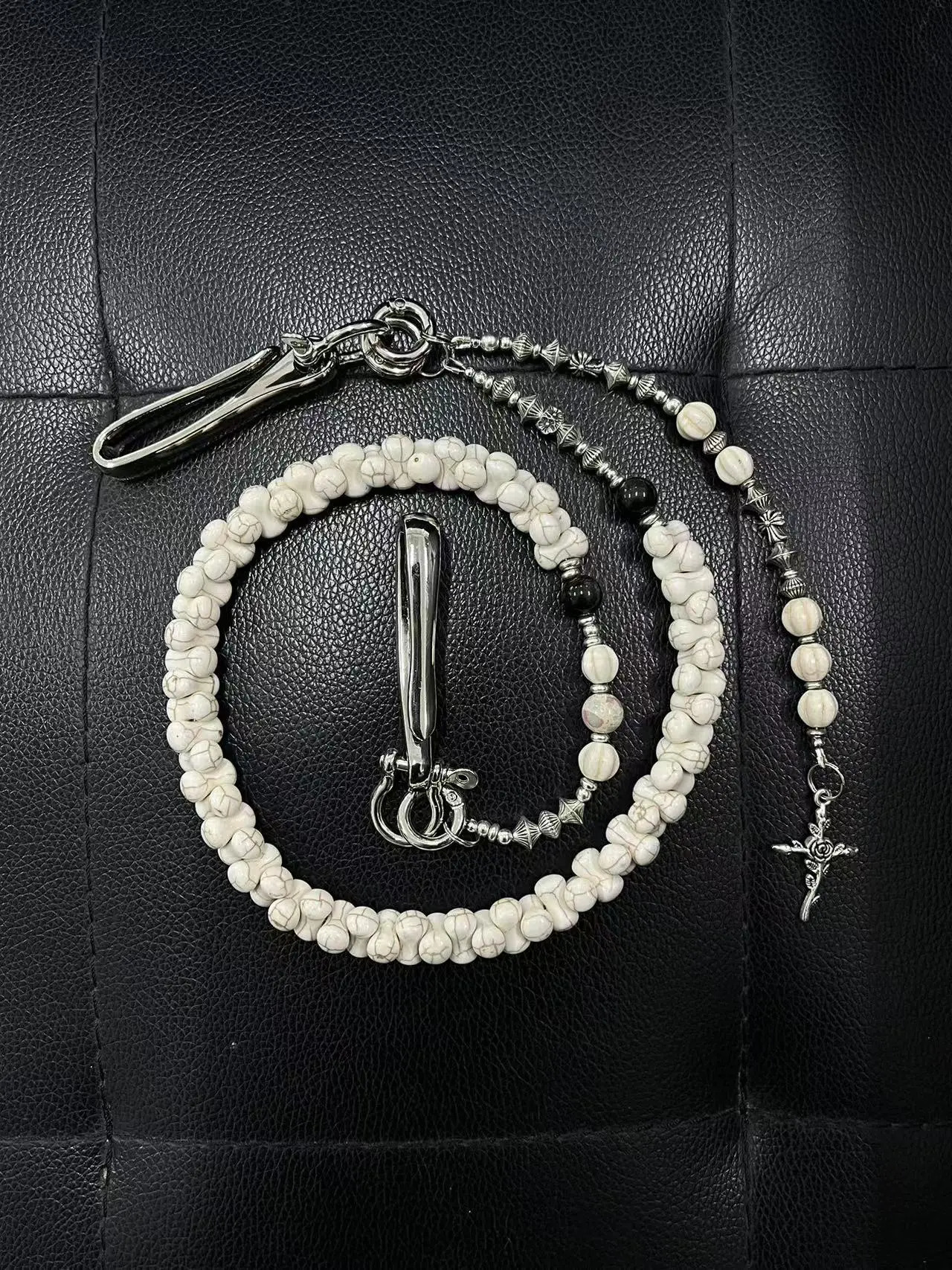 Original handmade punk style pants chain American white turquoise bone string cleanfit rose cross fashion accessory 250722