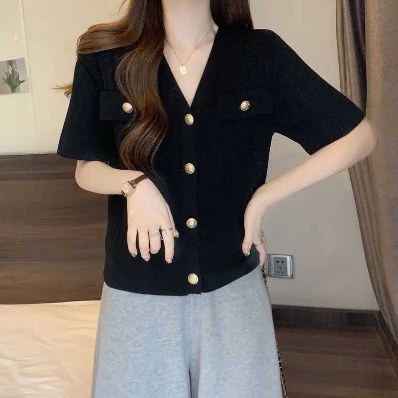 Summer Korean Version Swt V-neck Button Cardigan Women Elegant Fashion False Pocket Short Sleeve Tops Casual Loose Knitwear X250724
