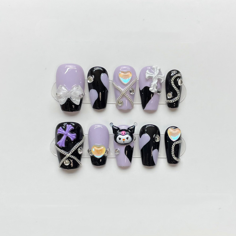 New Dopamine Color Matching Kuromi Fake Nail Patch Small Black Purple Spicy Nail Patch Long Short