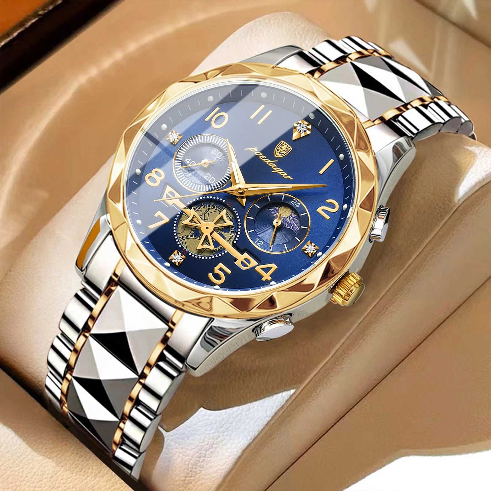 POEDAGAR Luxury Sports Watch Men Stainless Steel Man Quartz Wristwatch Waterproof Luminous Chronograph Mens Watches Clock Reloj W250724