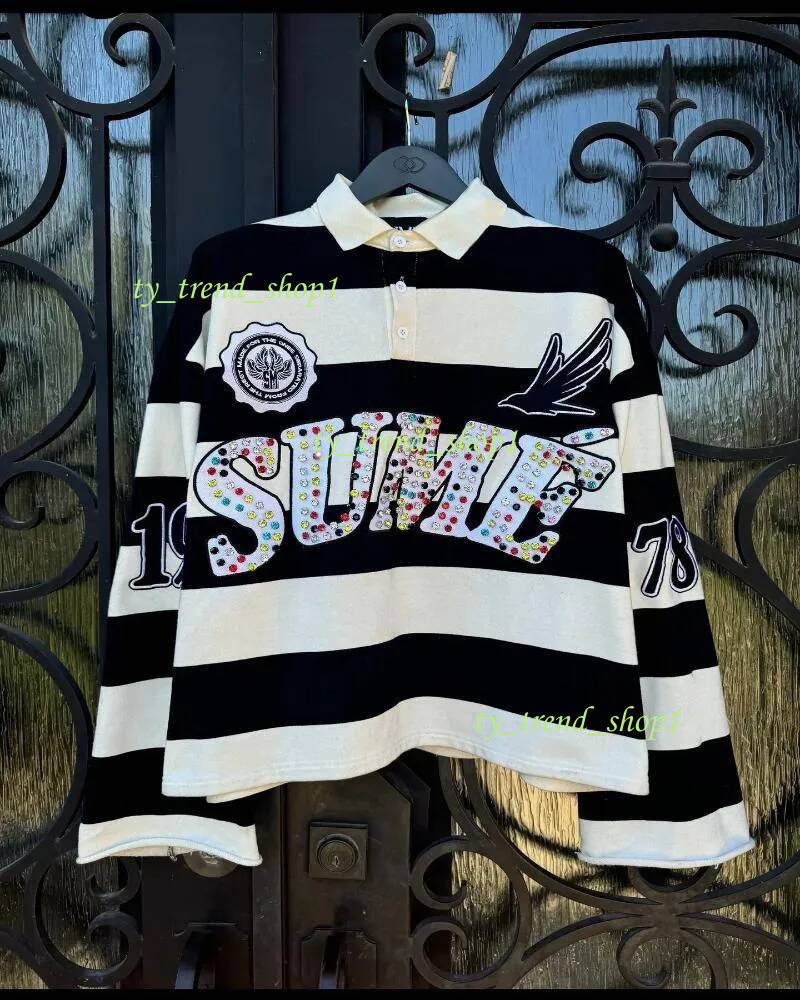 Men's T Shirts Haruku Top SUME Text Rhie Print Long Sleeved Shirt Style Retro Striped Hip-hop Street Collar be1
