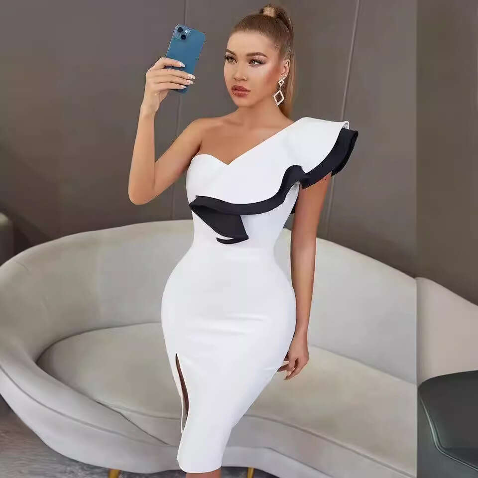 White Skirt Maxi Skirt Style Color Block Ruffle Asymmetric Shoulder Bodycon Split Bandage Dress Long Skirt