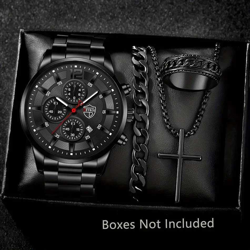 4pcs Classic Black Mens Watch Quartz Watches Are Suitable for Everyday Wear W250724
