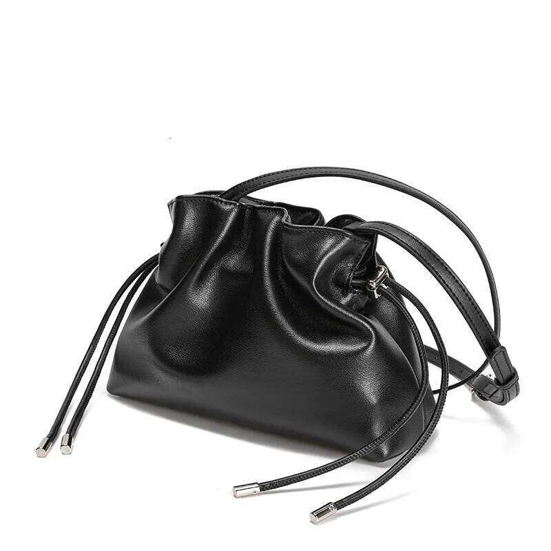Pleated Cloud Crossbody - Premium Genuine Leather Drawstring Shoulder Purse, Versatile Small Bag for Elegant Lady