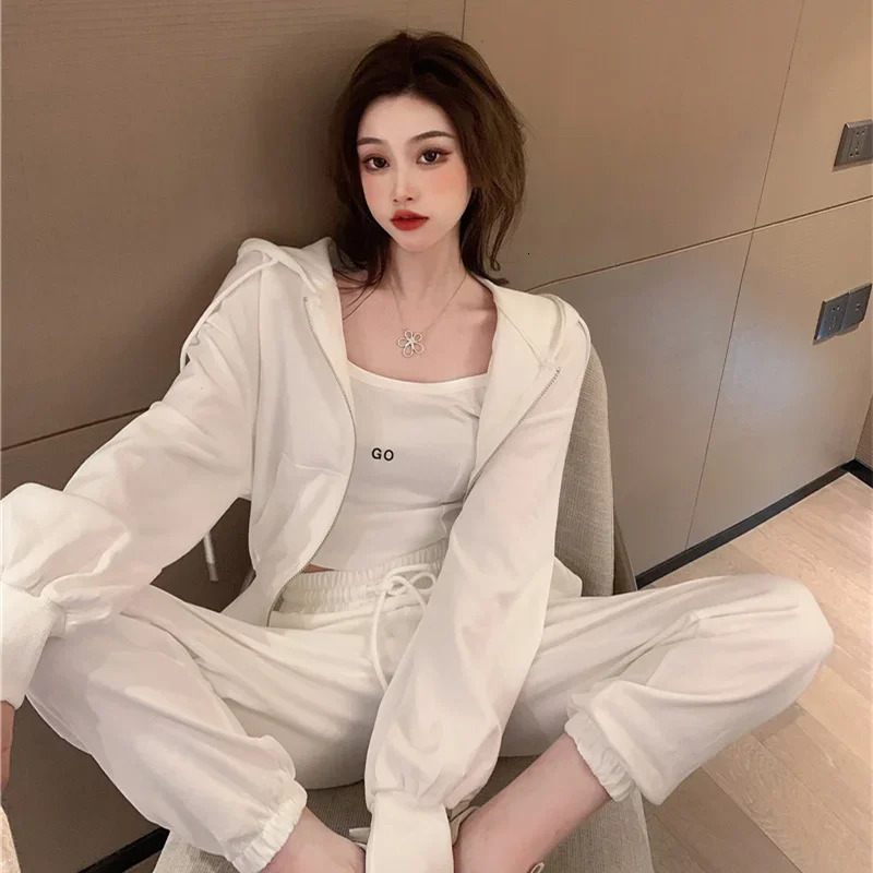 Plus Size Spring Style Casual Sports Suit Womens Trousers Zipper Sweatshirt Jacket Tank Three Piece Set Trendy 250724
