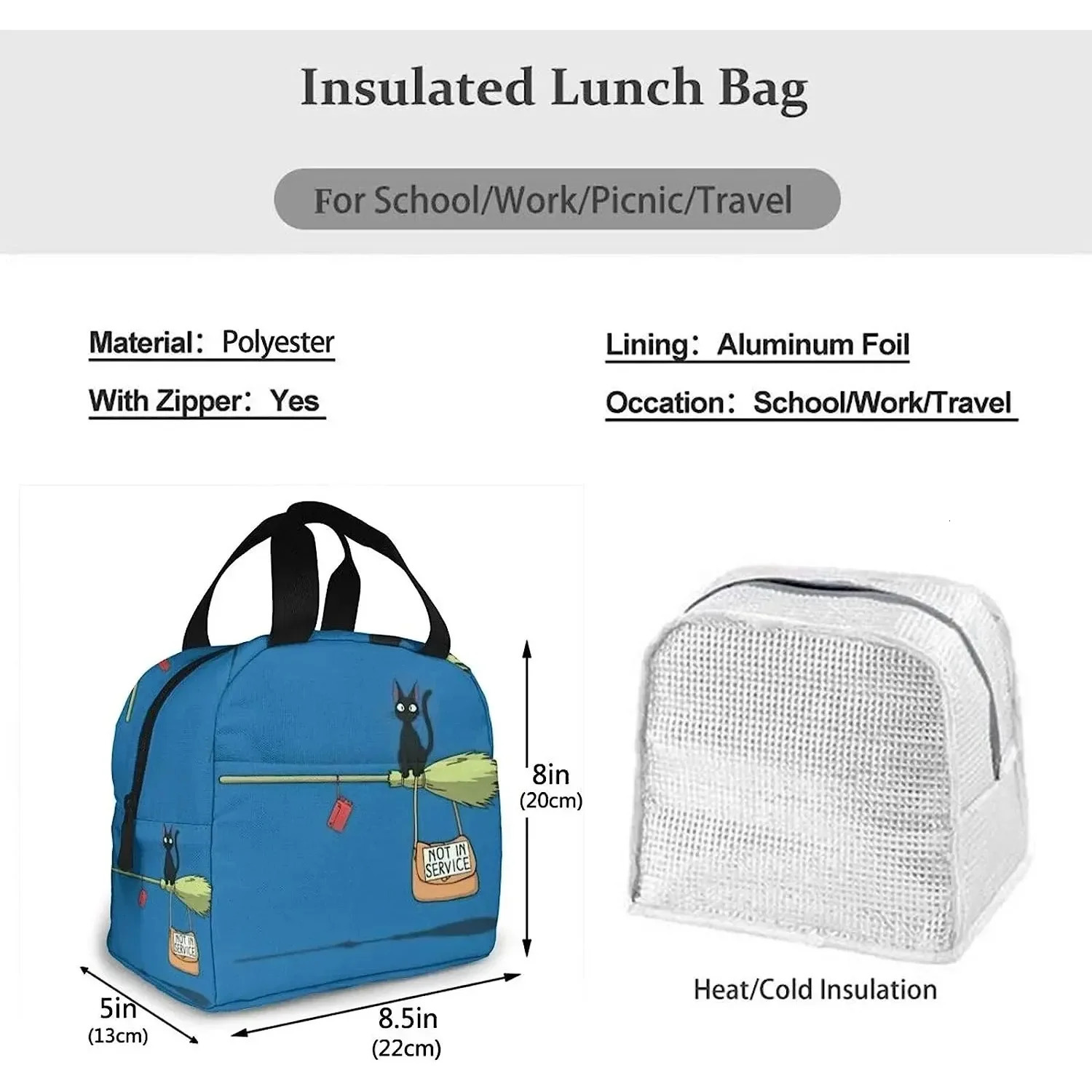 Anime Cat Portable Insulated Lunch Bag Reusable Portable Insulation Tote Lunch Box Cooler Bag with Zipper and Pocket for Women 250723