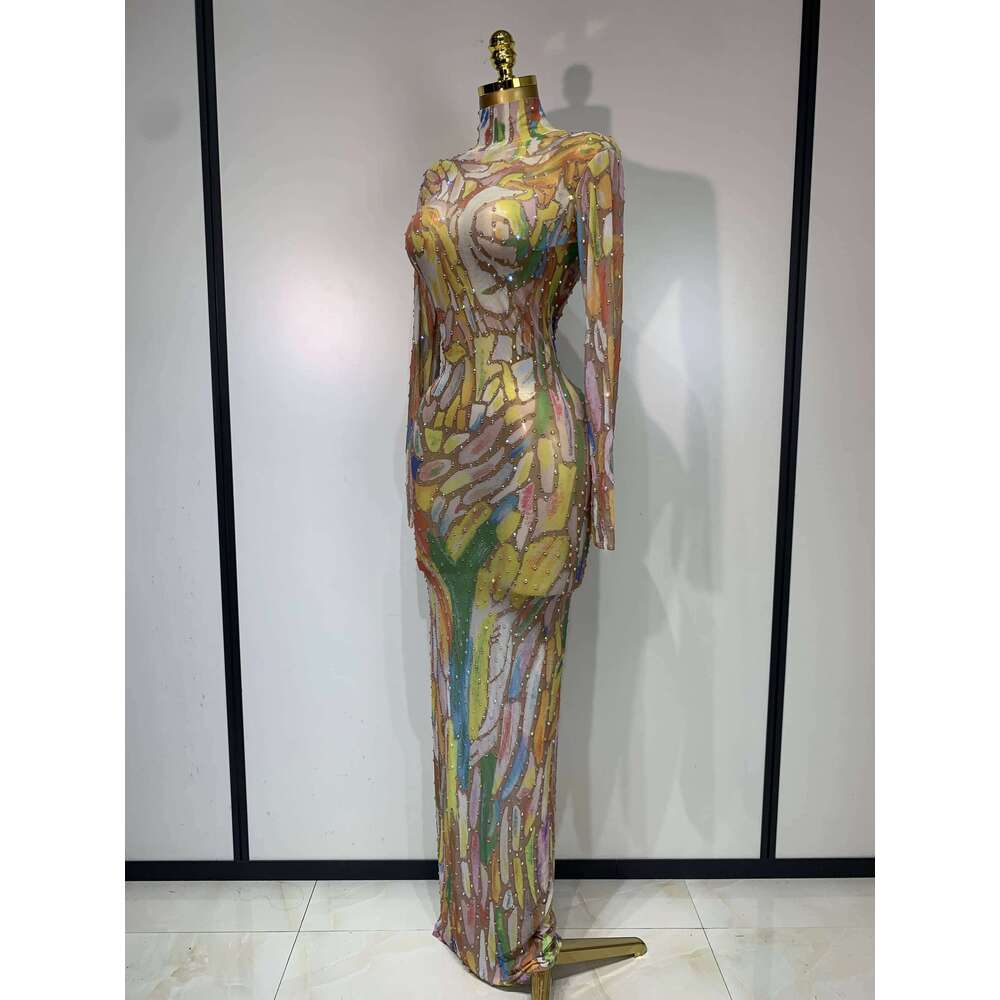 Designer Niche Shiny Rhinestone Stretch Mesh Perspective Ladies Show Dancer Dress Party Nightclub Stage Costume
