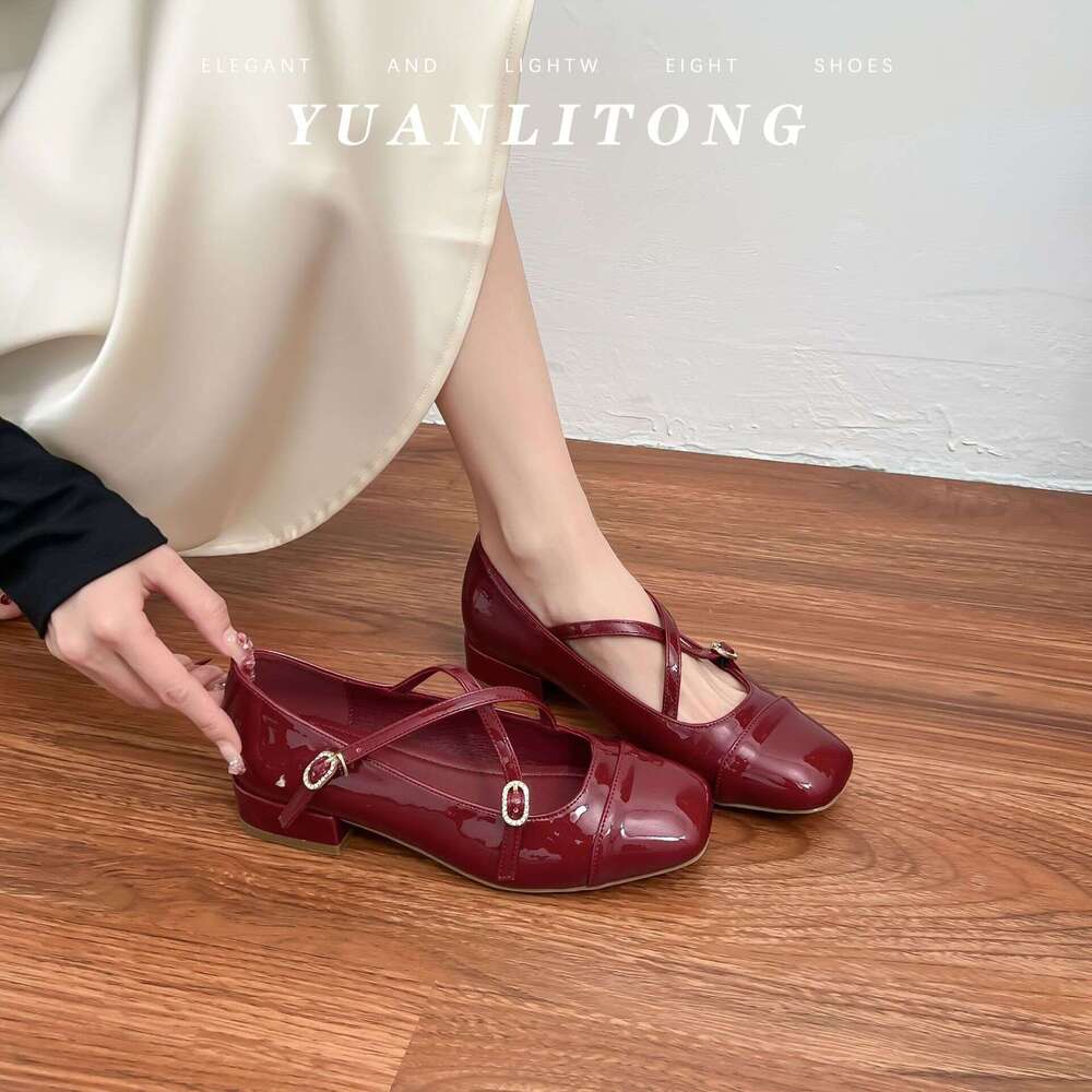 2025 Spring New French Style Shallow Mouth Single for Women, Chunky Heel, Comfortable Cross Strap, Round Toe Mary Jane Shoes