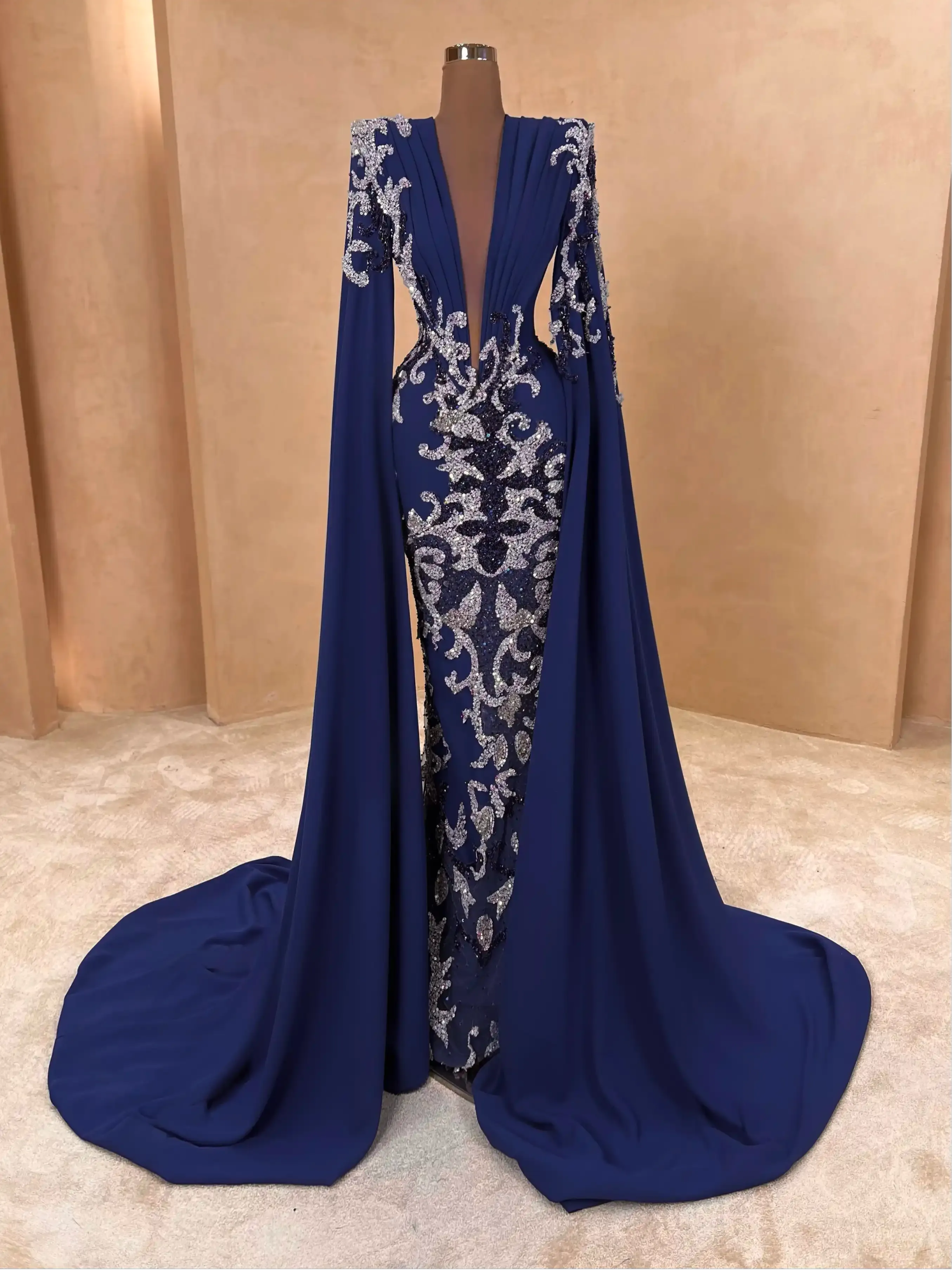 Blue Mermaid Prom Dress Sequined Lace Crystals Deep V Neck Evening Formal Party Second Reception Birthday Customized