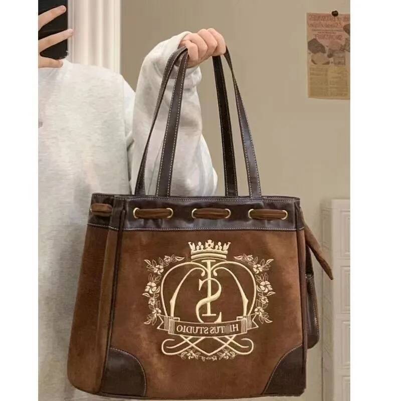 JIAERDI Retro Flower Letter Print Beige Shoulder Bags Women Crown Embroidered Large Capacity Tote Bag Female Vintage Y2k Handbag high-quality