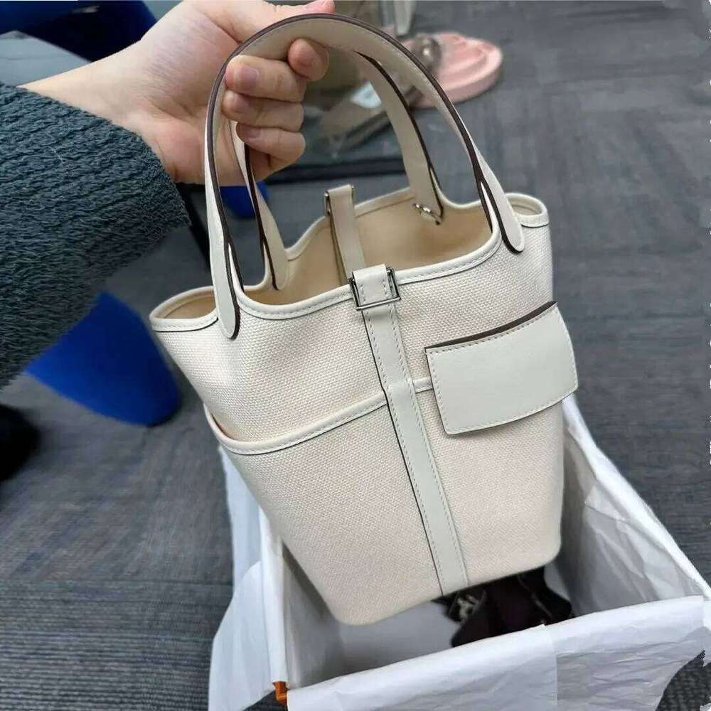 2024 New Canva Patchwork Flat Surface Cow Leather Direct Factory Sales Soft Top-Handle Bags Bucket Handbag