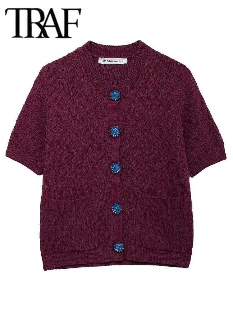 2025 Women Fashion New Jewelry Button Cardigan Short Sleeve V-neck Knitted Sweater Cardigans Chic Female Knitwear Coat X250724