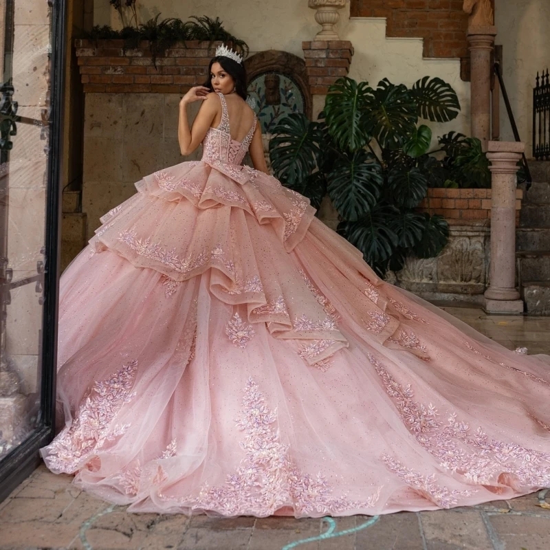 Pink Shiny Quinceanera Dresses Off Shoulder Ball Gown Sweet 16 Dress Applique Lace Beading Crystal Bow Tull Birthday Party Vestidos 15 Anos