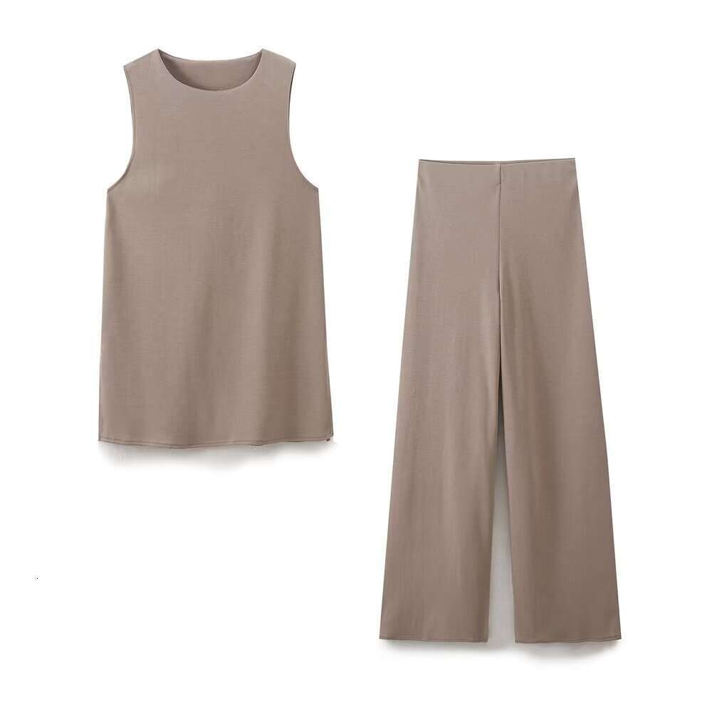 TRAFZA Spring Summer New Casual Fashion Versatile Round Neck Sleeveless Top Soft Wide-Leg Pants Light Luxury B5